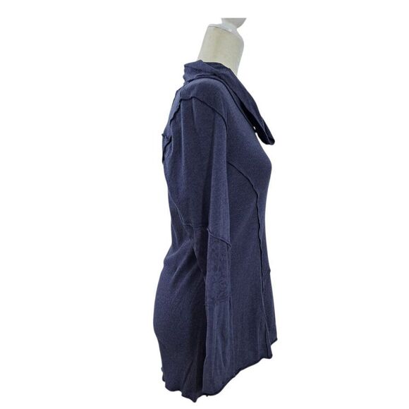 RXB Women's Patchwork Raw Seems Cowl Neck Lace Insert Midnight Blue Top Sz L - Picture 6 of 7